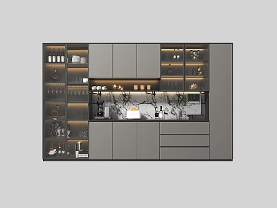 Modern Wine Cabinet Design With Glass Doors Multiple Shelves Wine Bottles And Glassware 3d model
