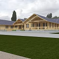 Wooden Detached Villa With Blue Roof Green Grass Lawn And Trees