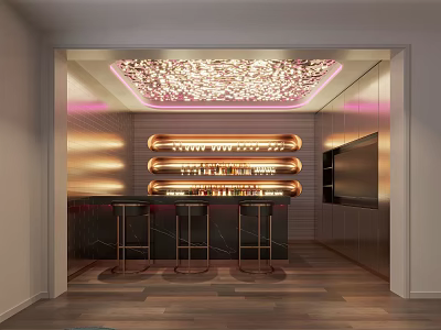 Modern Home Bar Interior With Decorative Ceiling Lighting Wine Rack And Bar Stools 3d model