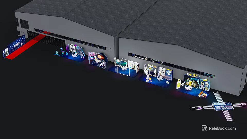 Modern Exhibition Space With Multiple Booths Blue Lighting And Display Stands 3d model 