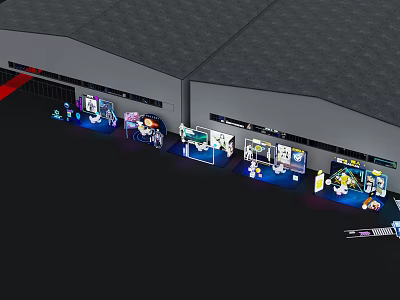 Modern Exhibition Space With Multiple Booths Blue Lighting And Display Stands 3d model