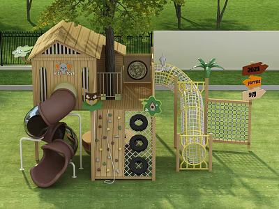 Outdoor Wooden Playground Equipment With Slide Climbing Net Animal Themed Cabin And Grass Area 3d model