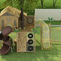 Outdoor Wooden Playground Equipment With Slide Climbing Net Animal Themed Cabin And Grass Area