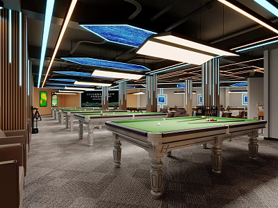 Modern Billiards Room Interior With Pool Tables Sofas And Lights 3d model