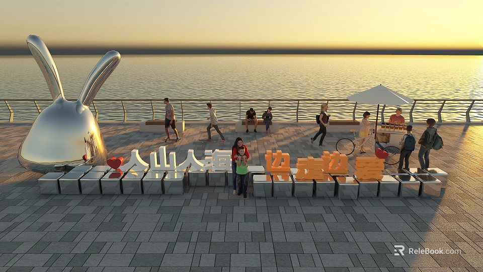 Seaside Sunset Photo Spot With Giant Silver Rabbit Sculpture And People Taking 3d model 