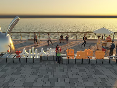 Seaside Sunset Photo Spot With Giant Silver Rabbit Sculpture And People Taking 3d model