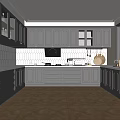 Modern Kitchen Interior Design With Gray Cabinets White Hexagonal Tile Backsplash And Black Range Hood 3d model