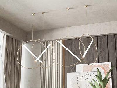 Modern Gold Frame Pendant Lights With Circular Rings And LED Strips In Interior Space 3d model