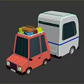 Cartoon Red Car With Luggage On Roof And White Camper Van With Blue Stripe