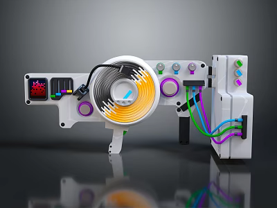 Futuristic Weapon With Coil Structure Glowing Cables And Control Panel 3d model