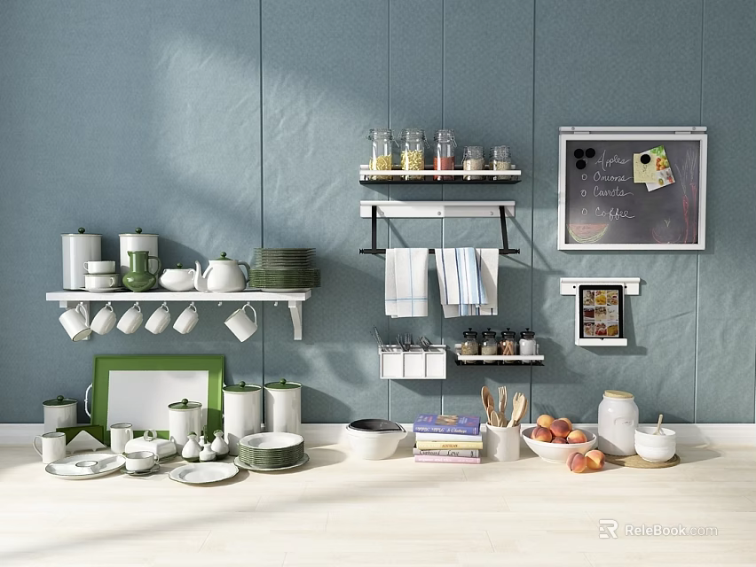 Stylish Dinnerware Set With Green Mugs White Plates Bowls On Kitchen Wall Shelves 3d model 
