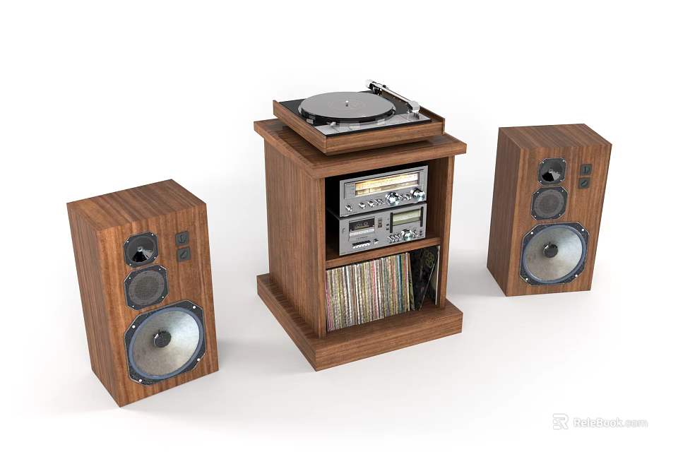 Wooden Audio System with Speakers Turntable Cassette Player and Vinyl Records 3d model 