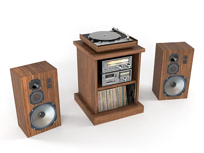 Wooden Audio System with Speakers Turntable Cassette Player and Vinyl Records 3d model