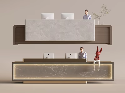 Modern Reception Area Design With Marble Countertop Staff Computers And Red Rabbit Decoration 3d model