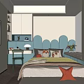Modern Bright Children's Room Interior With Curved Blue Headboard Bed Study Desk And Decorative Painting
