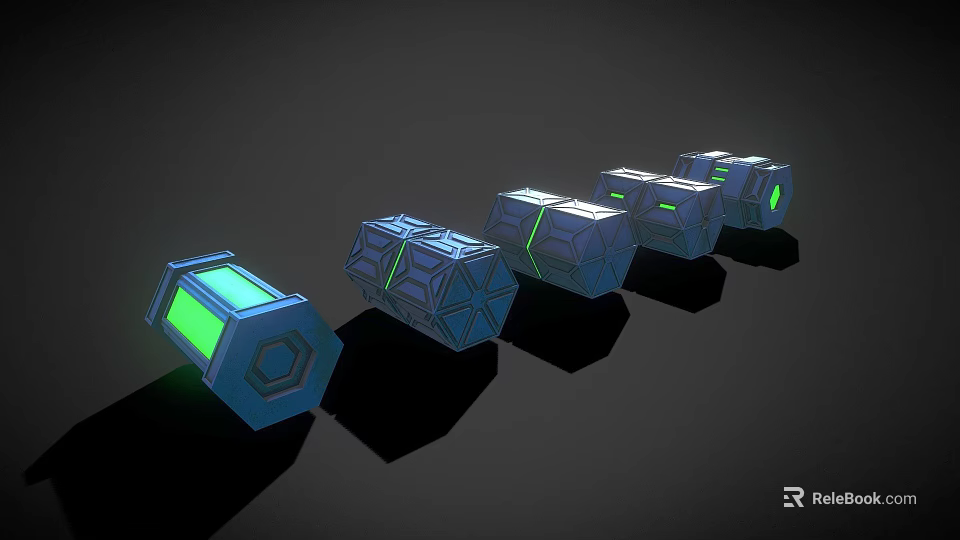 Futuristic 3D Geometric Objects With Neon Green Glowing Parts Arranged In Row 3d model 