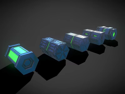 Futuristic 3D Geometric Objects With Neon Green Glowing Parts Arranged In Row 3d model