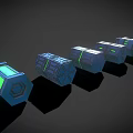 Futuristic 3D Geometric Objects With Neon Green Glowing Parts Arranged In Row
