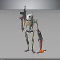 Sci Fi Robot Character With Skeleton Structure White Dome Head Gun Mechanical Parts And Orange Energy Effects