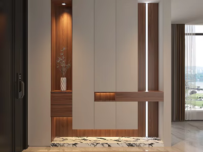 Modern Entryway Hallway With Wooden Storage Cabinets Recessed Lighting Decorative Vase And Patterned Step 3d model