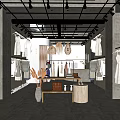 Modern Clothing Store Interior With Fashion Apparel Hanging Racks And Decorative Display Tables
