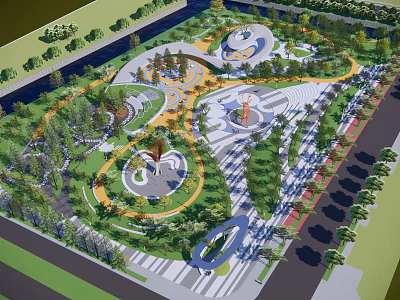 Park Landscape Design With Winding Pathways Lush Greenery And Circular Plazas 3d model
