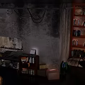 Cartoon Scene of Cozy Rustic Room with Vintage Stove Bookshelf and Hanging Lamp