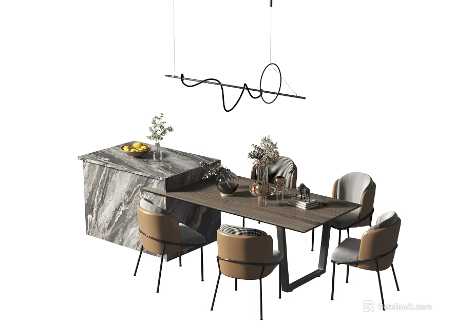 Modern dining table set with marble top chairs pendant light and flower decoration 3d model 