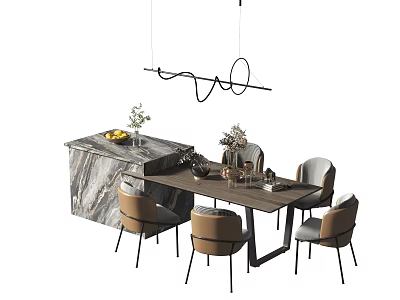 Modern dining table set with marble top chairs pendant light and flower decoration 3d model