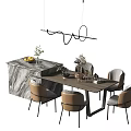 Modern dining table set with marble top chairs pendant light and flower decoration