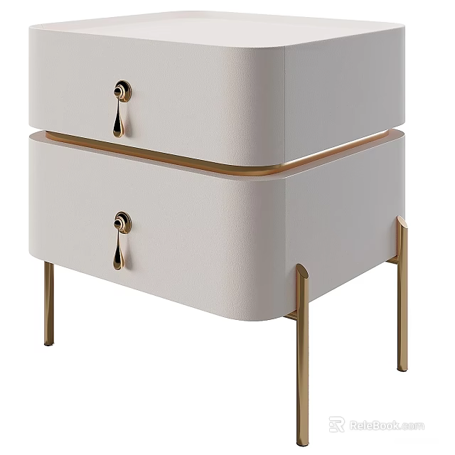 Modern Leather Bedside Table With Beige Finish And Gold Metal Legs 3d model 
