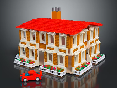 Colorful Block House with Red Roof Yellow White Walls Windows Chimney and Red Car 3d model