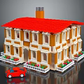 Colorful Block House with Red Roof Yellow White Walls Windows Chimney and Red Car