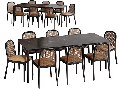 Modern Dark Wooden Dining Table Set With Six Rattan Backrest Chairs 3d model