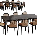 Modern Dark Wooden Dining Table Set With Six Rattan Backrest Chairs