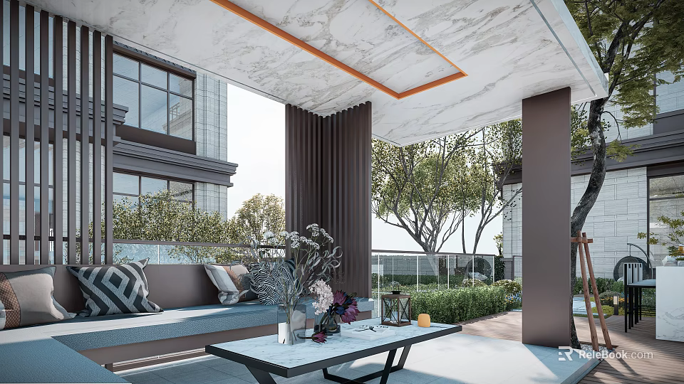 Modern Outdoor Courtyard Garden Design With Marble Ceiling Curtains Glass Railing And Comfortable Sofa 3d model 