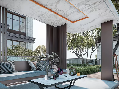 Modern Outdoor Courtyard Garden Design With Marble Ceiling Curtains Glass Railing And Comfortable Sofa 3d model