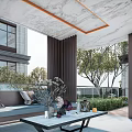Modern Outdoor Courtyard Garden Design With Marble Ceiling Curtains Glass Railing And Comfortable Sofa