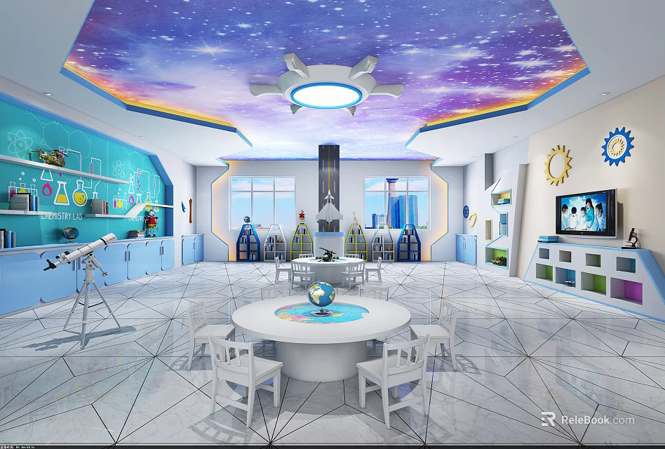 Starry Ceiling Kindergarten With Blue Walls Science Equipment Telescope Test Tubes Round Table And Chairs 3d model 
