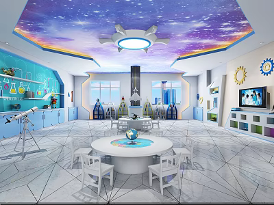Starry Ceiling Kindergarten With Blue Walls Science Equipment Telescope Test Tubes Round Table And Chairs 3d model