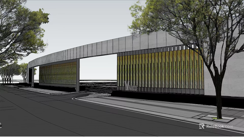 Modern Entrance Gate With Curved Structure Yellow Grilles And Surrounding Trees 3d model 