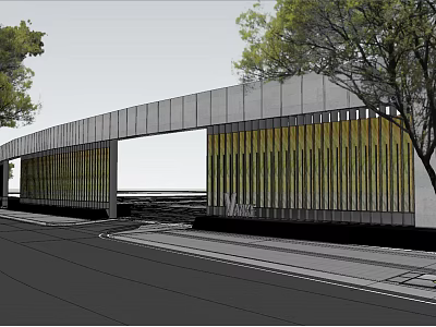 Modern Entrance Gate With Curved Structure Yellow Grilles And Surrounding Trees 3d model