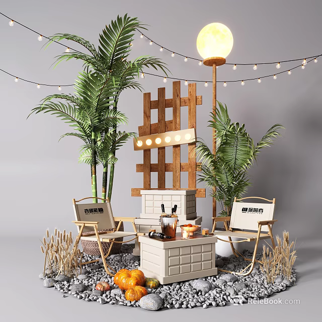 Cozy Indoor Landscape With Palm Trees Wooden Lattice Camp Chairs And String Lights 3d model 