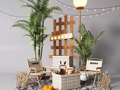 Cozy Indoor Landscape With Palm Trees Wooden Lattice Camp Chairs And String Lights 3d model