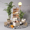 Cozy Indoor Landscape With Palm Trees Wooden Lattice Camp Chairs And String Lights
