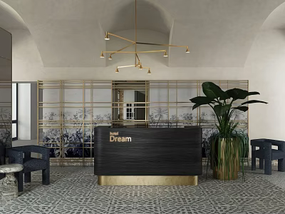 Modern Dream Reception Area With Golden Frame Screen Large Plant And Patterned Floor 3d model