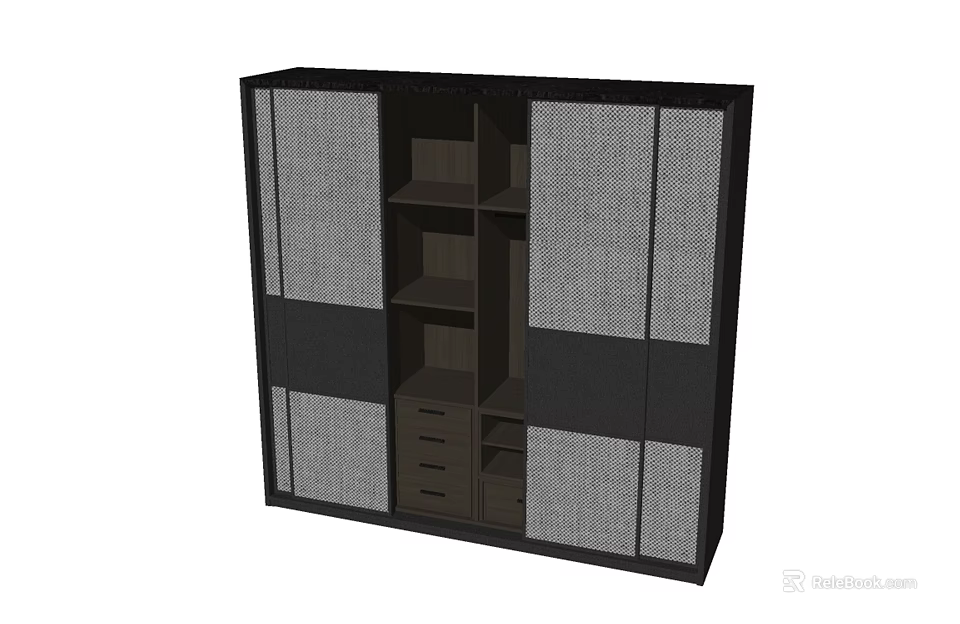 Modern Black and Gray Wardrobe Design With Open Shelves And Drawers 3d model 