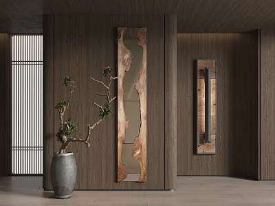 Modern Long Strip Sculpture Carving With Wood Grain And Metal Texture On Wooden Wall 3d model