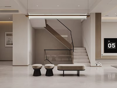 Modern Minimalist Entryway Hallway With Staircase Glass Railing Bench Stools Hanging Light and Light Flooring 3d model
