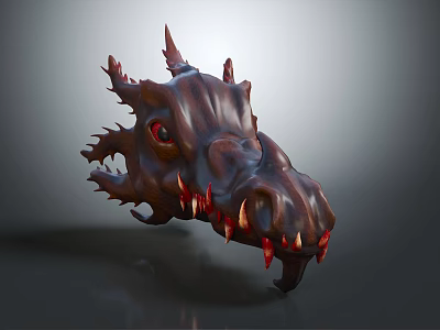 Detailed Mythical Dragon Head 3D Model Showcasing Red Eyes Sharp Teeth Spiked Horns 3d model